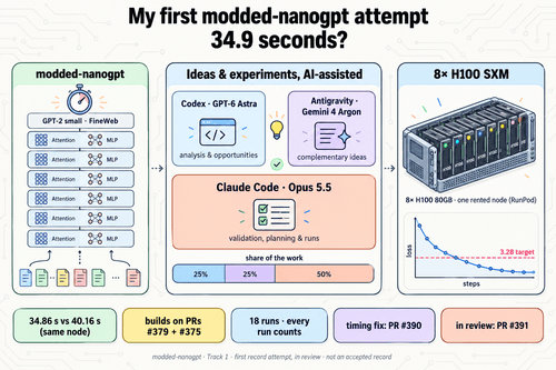 My first modded-nanogpt attempt: 34.9 seconds? Two open PRs combined, AI-assisted experiments on 8×H100, in review